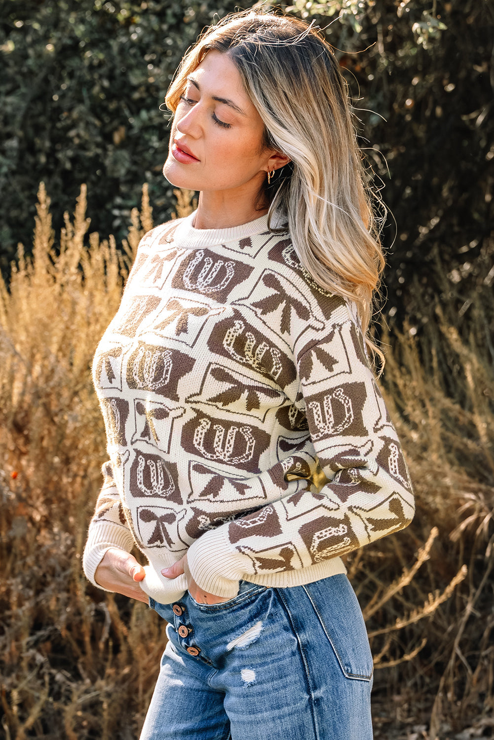 Western Bows &amp; Horseshoes Long Sleeve Sweater