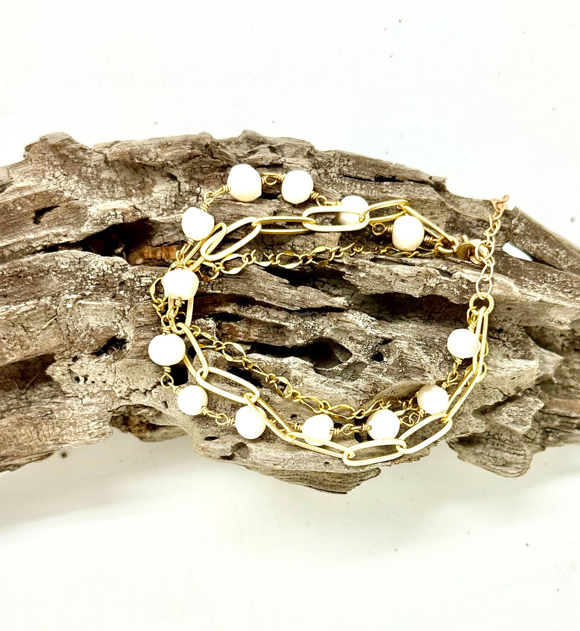 Bracelet Double Strand Freshwater Pearl w/Paper Clip Chain 7”