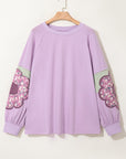 Plus Size Floral Patch Colorblock Long Sleeve Top