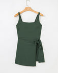 Solid Wrap Tie Waist Square Neck Swim Dress