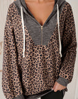 Leopard Ribbed Knit Contrast Half-Zip Hoodie