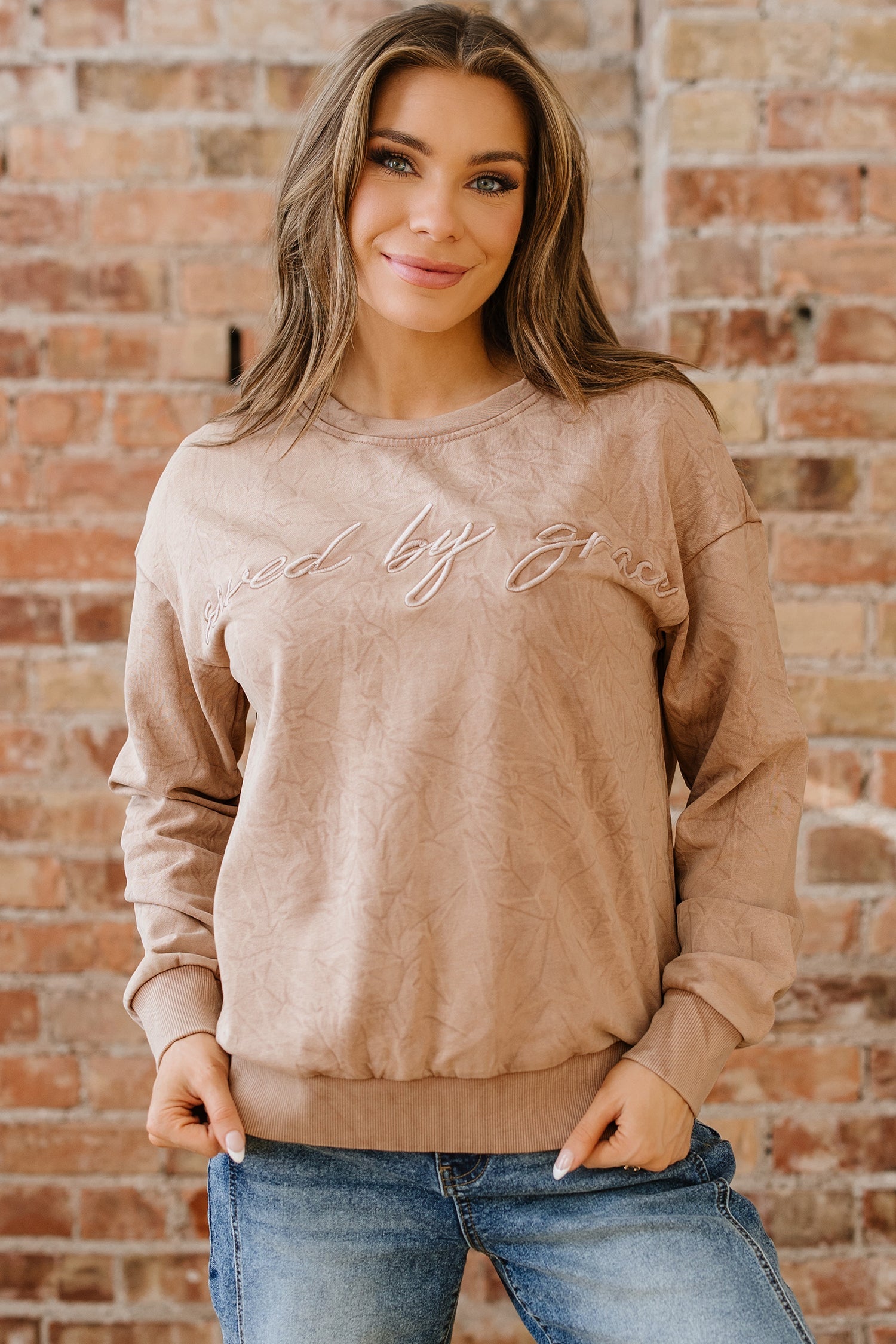 SAVED BY GRACE Embroidered Mineral Wash Sweatshirt