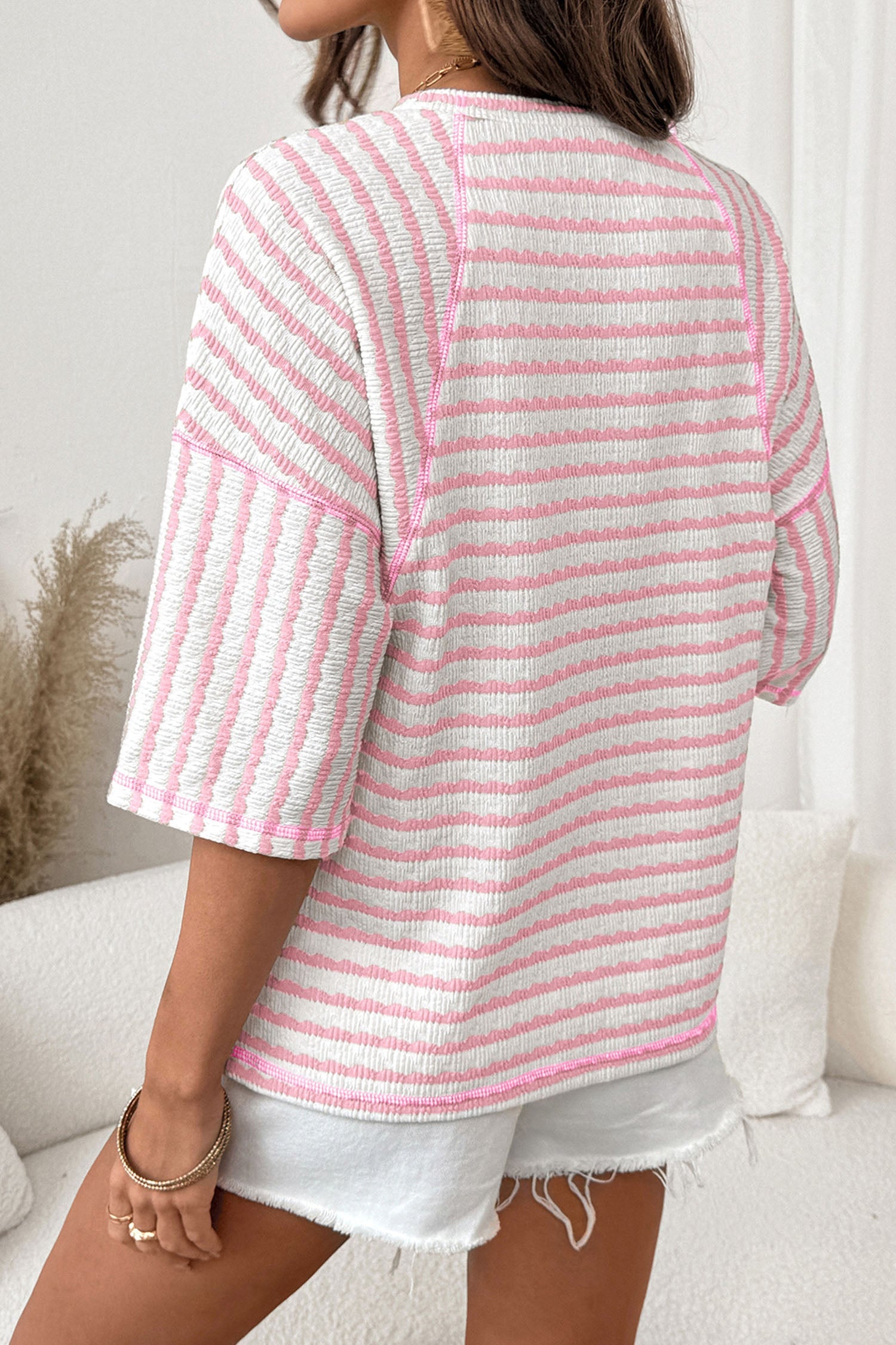 Stripe Textured Knit 3/4 Sleeve Top