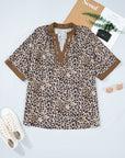 Plus Size Leopard Patchwork Crinkled V-Neck Blouse