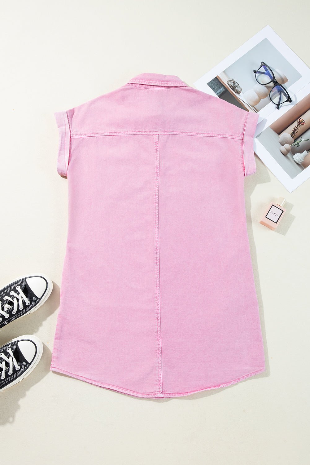 Denim Short Sleeve Double Chest Pocket Shirt Dress