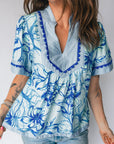 Floral Scalloped Ricrac Trim V-Neck Blouse