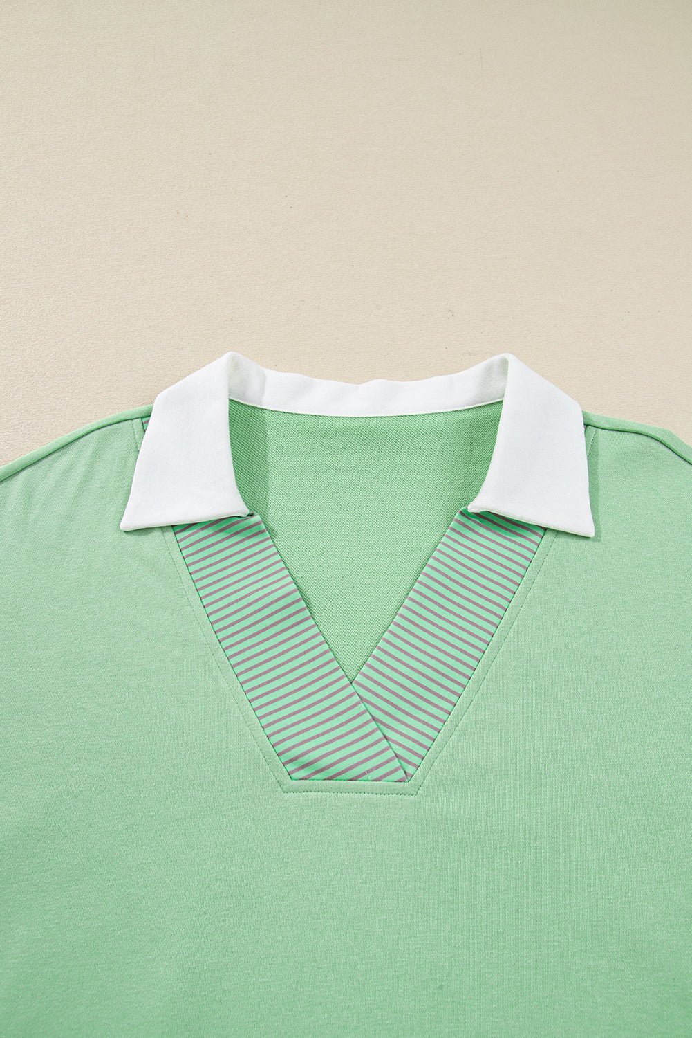 Moonlight Jade Color Block Striped Patchwork Collar V Neck Plus Size Sweatshirt