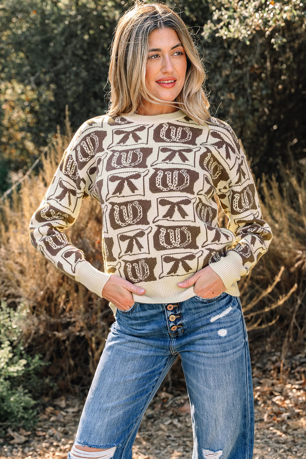 Western Bows &amp; Horseshoes Long Sleeve Sweater