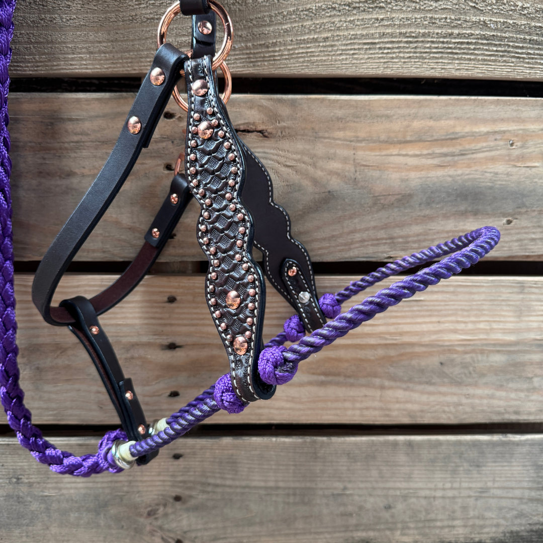 Purple Honeycomb Tooled Lariat &amp; Leather Combo Halter