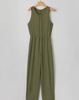 Solid Pleated Detail Sleeveless Elastic Waist Jumpsuit