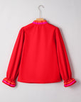 Stripe Trim Ruffle Split Neck Long Sleeve Blouse