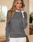 Lace Trim Patchwork Buttoned Cuff Sweater