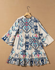 Boho Buttoned V-Neck 3/4 Sleeve Mini Dress