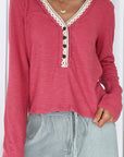 Ribbed Knit Lace Trim V-Neck Top