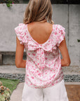 Floral Bow-Back Square Neck Ruffle Sleeve Blouse