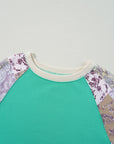 Sky Blue Plus Size Plaid Floral Patchwork Raglan Sleeve Sweatshirt