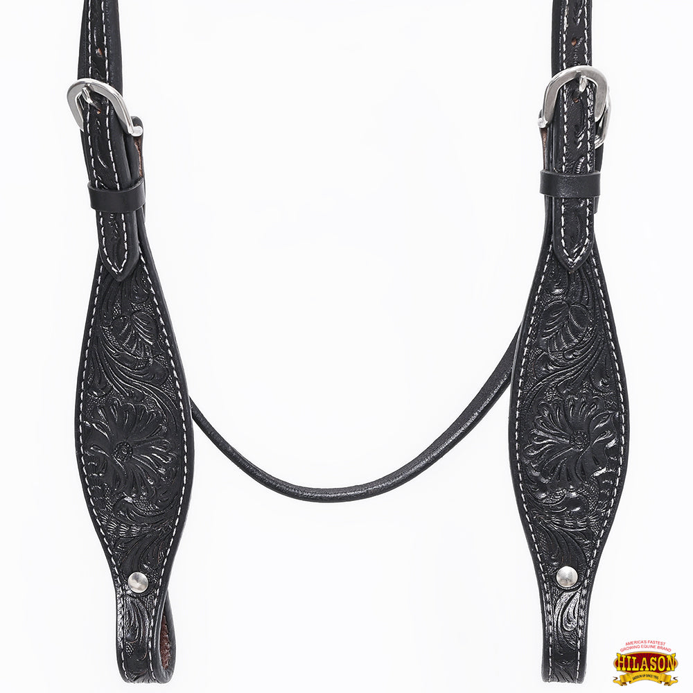 Western Horse Breast Collar Headstall With Floral Black Leather