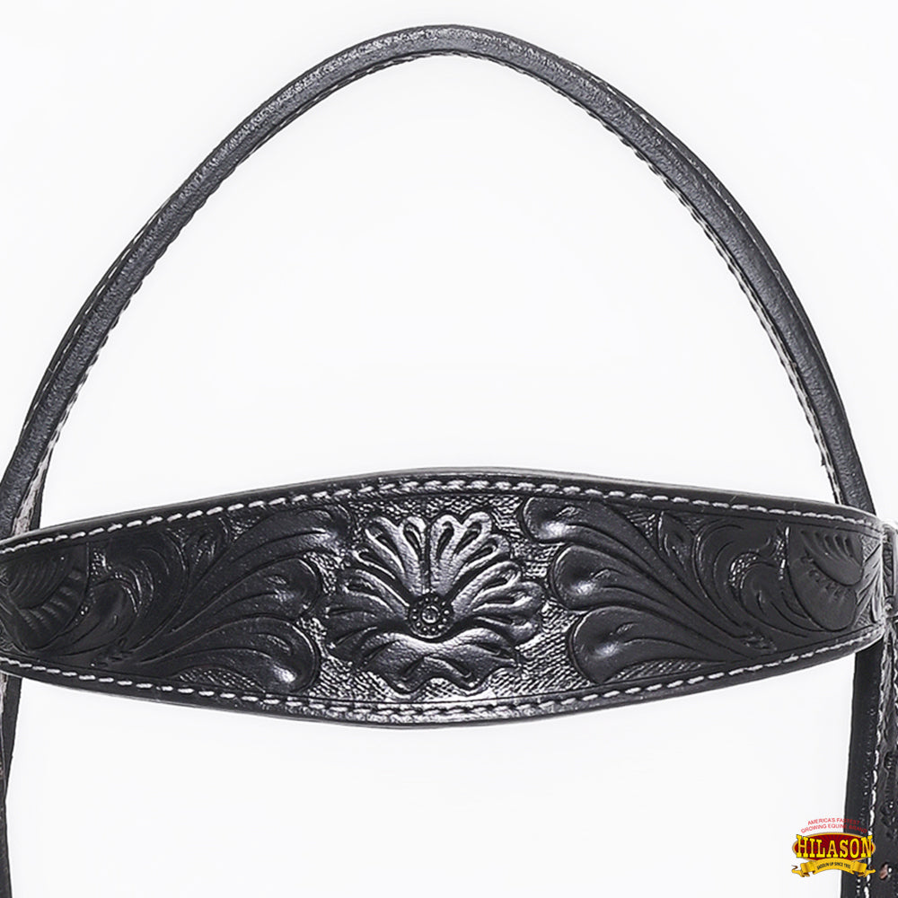 Western Horse Breast Collar Headstall With Floral Black Leather