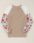 Floral Ribbed Patchwork Long Sleeve Blouse
