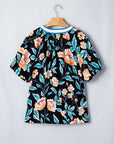 Floral Bubble Sleeve Buttoned Notch Neck Blouse