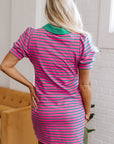 Stripe Collared V-Neck Puff Sleeve T-Shirt Dress