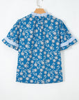 Floral Stripe Trim Tie-Neck Short Sleeve Blouse