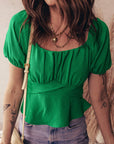 Solid Ruched Cross Waist Tied Back Peplum Top