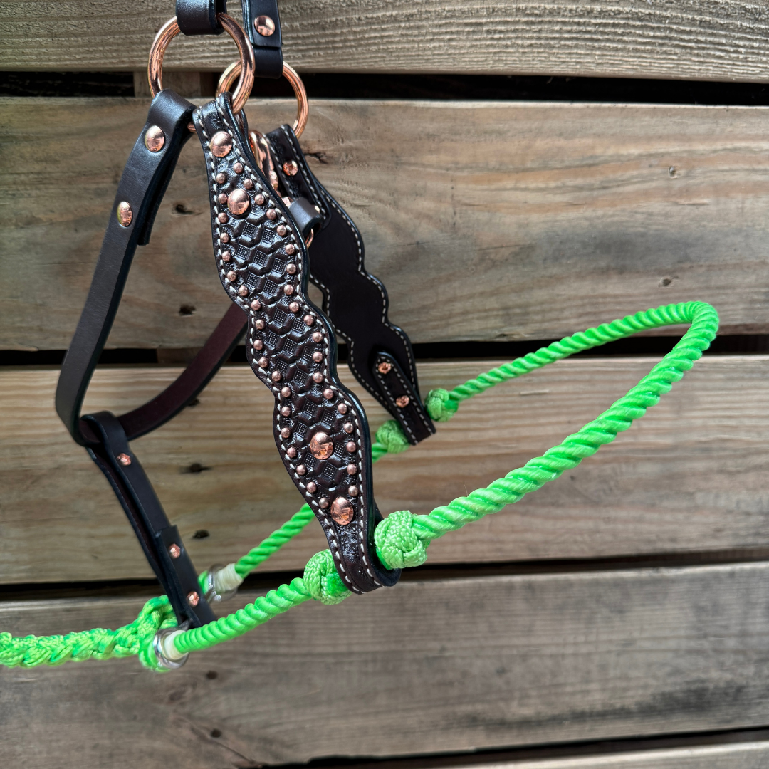 Lime Honeycomb Tooled Lariat &amp; Leather Combo Halter