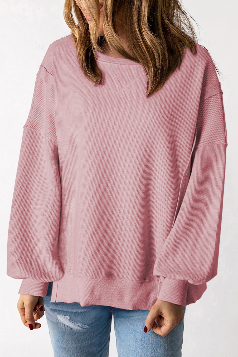 Waffle Knit Bishop Sleeve Side Split Top