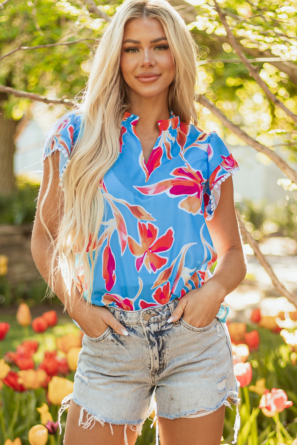Floral V-Neck Pompom Trim Flutter Sleeve Blouse