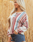 Stripe Waffle Knit Patchwork Raw Edge Henley Top