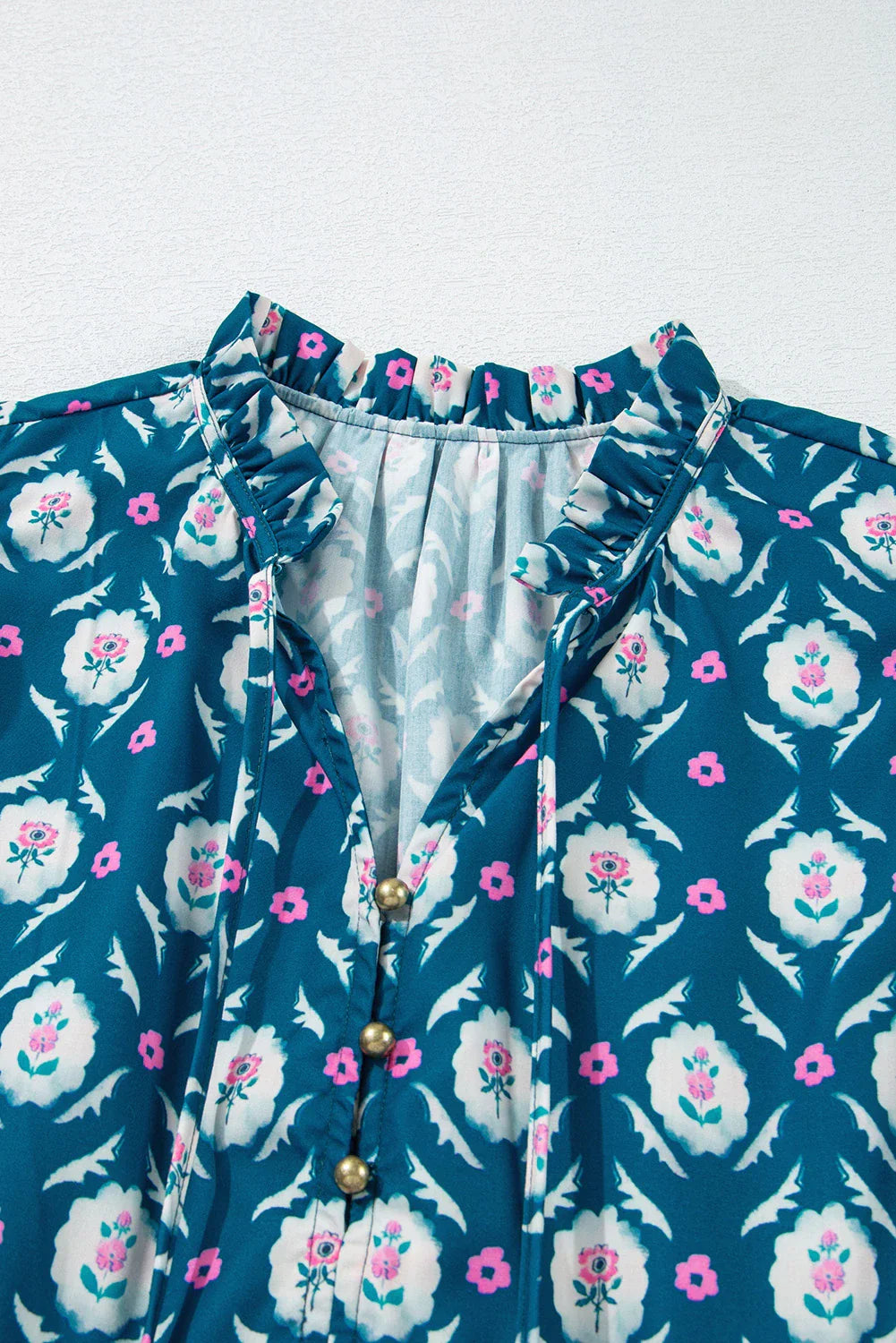 Floral Split Neck Ruffle Short Sleeve Dress