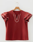 Contrast Trim Flutter Sleeve V-Neck Blouse