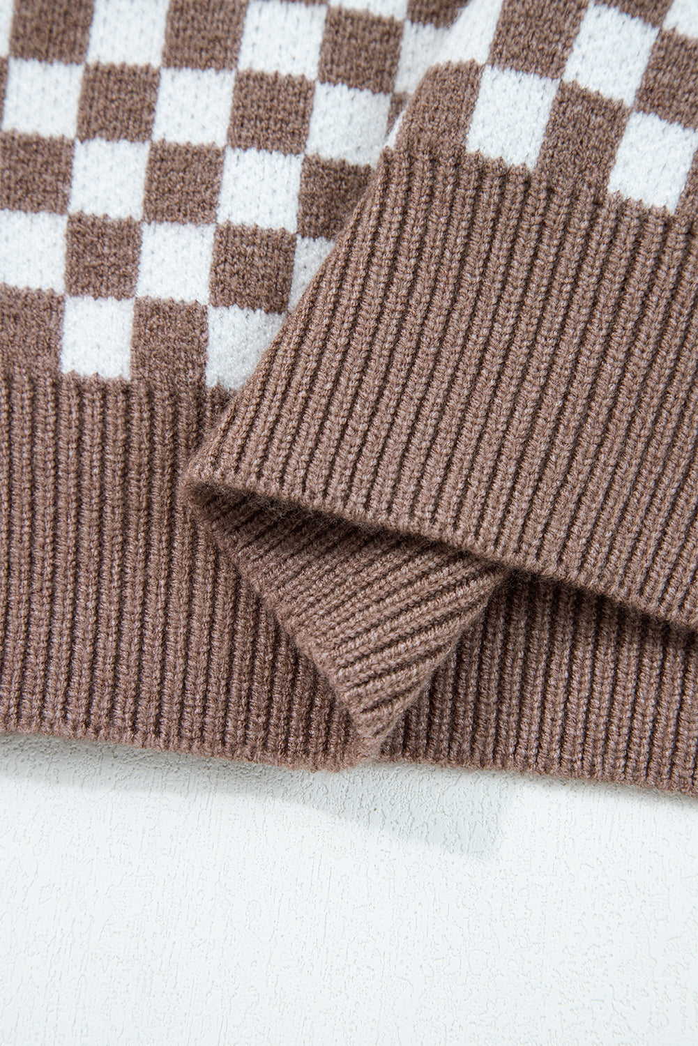 Checker Ribbed Trim Half-Button Sweater