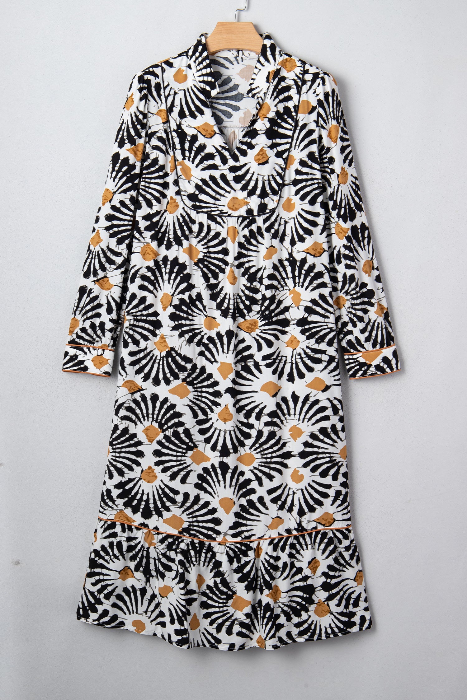 Abstract Floral V-Neck Long Sleeve Maxi Dress