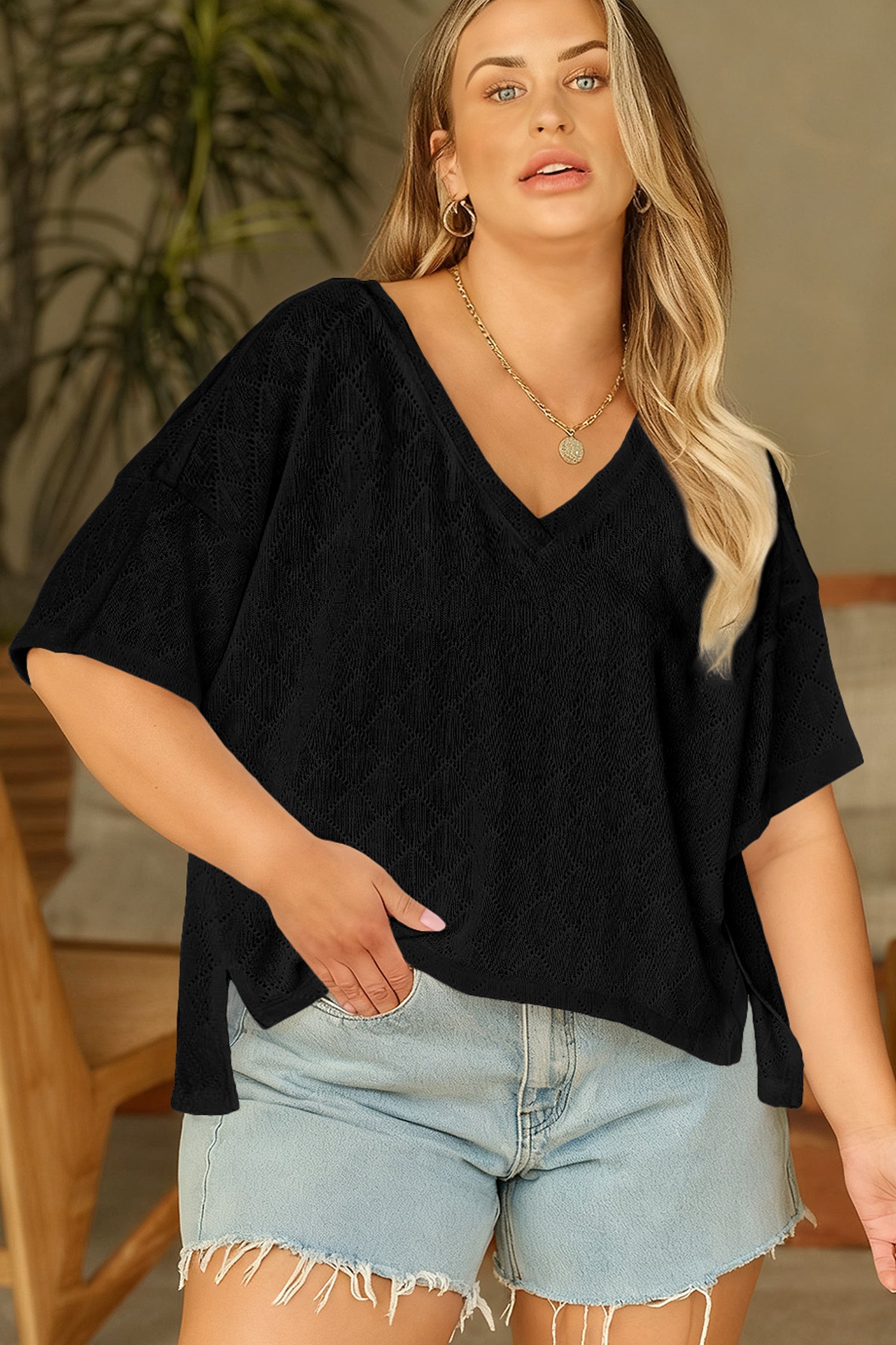 Plus Size Rhombus Pointelle Knit V-Neck Top