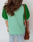 Stripe Patchwork Puff Short Sleeve V-Neck Blouse
