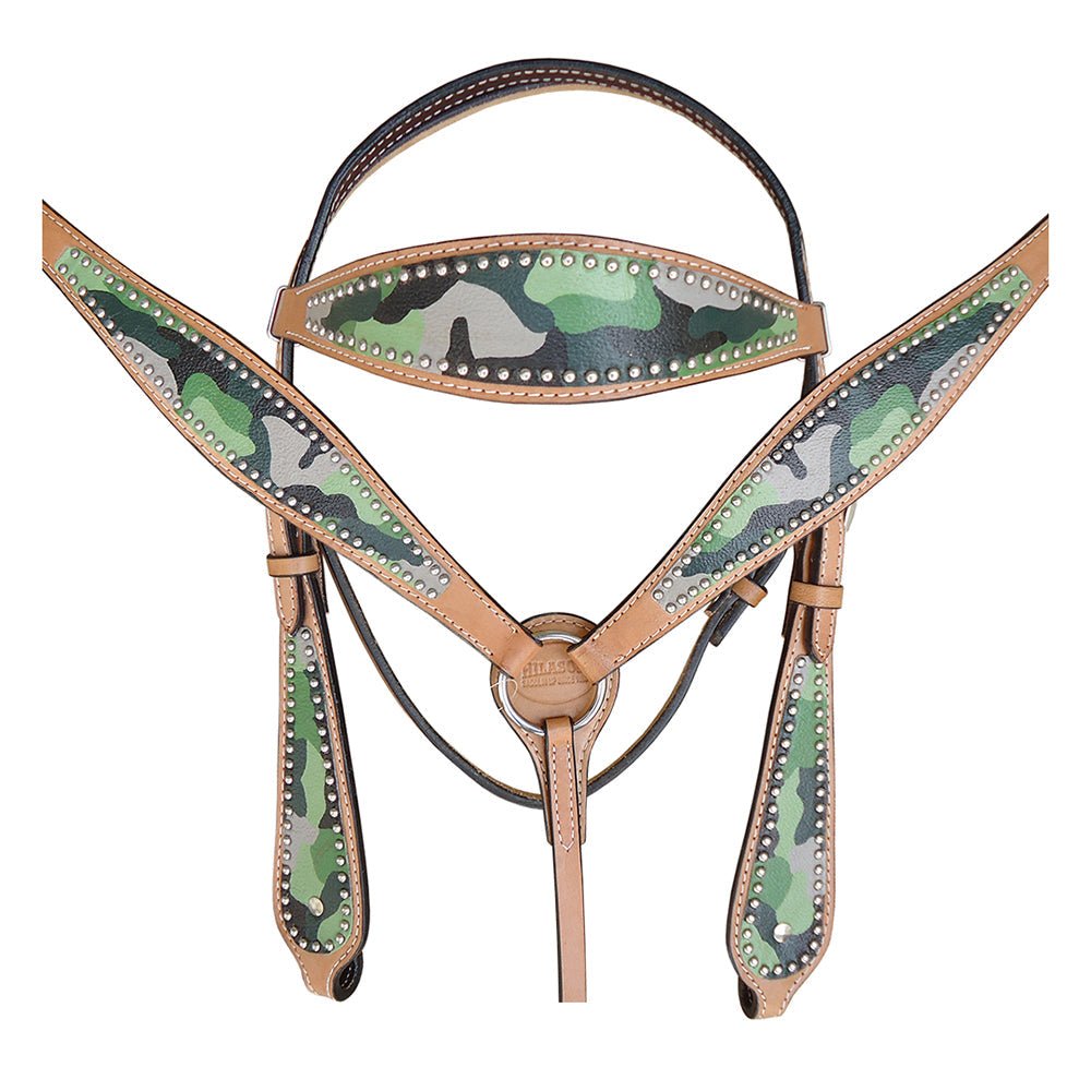 Durable Camouflage Western Leather Headstall And Breast Collar Set For Trail Horses