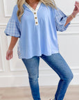 Colorblock Plaid Patchwork Bubble Sleeve Blouse