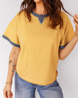 Contrast Trim Raw Hem Short Sleeve Top