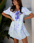 Floral Contrast Bow Puff Sleeve Mini Dress