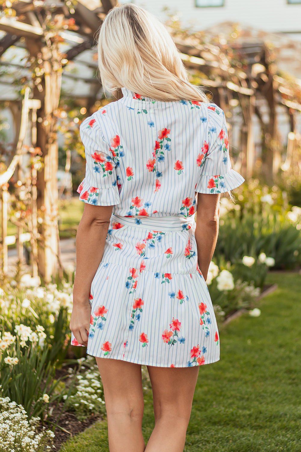 Siya Blue Stripe Floral Ruffle Short Sleeve Belted Mini Dress