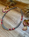 19 inch 8 mm Sterling Silver Pearls necklace with Red Spiny