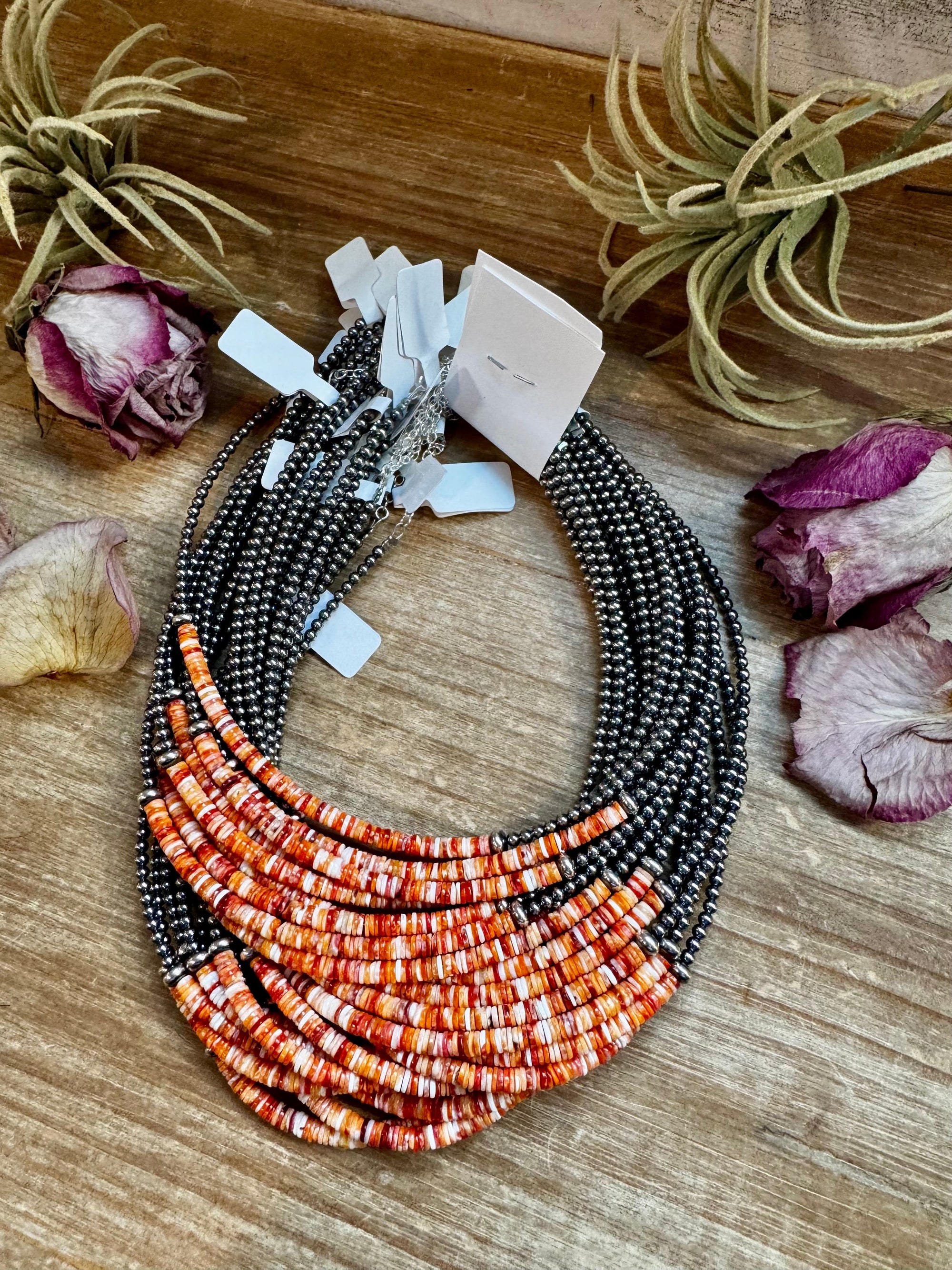 Spiny Oyster Heishi &amp; Sterling Silver Pearl Choker