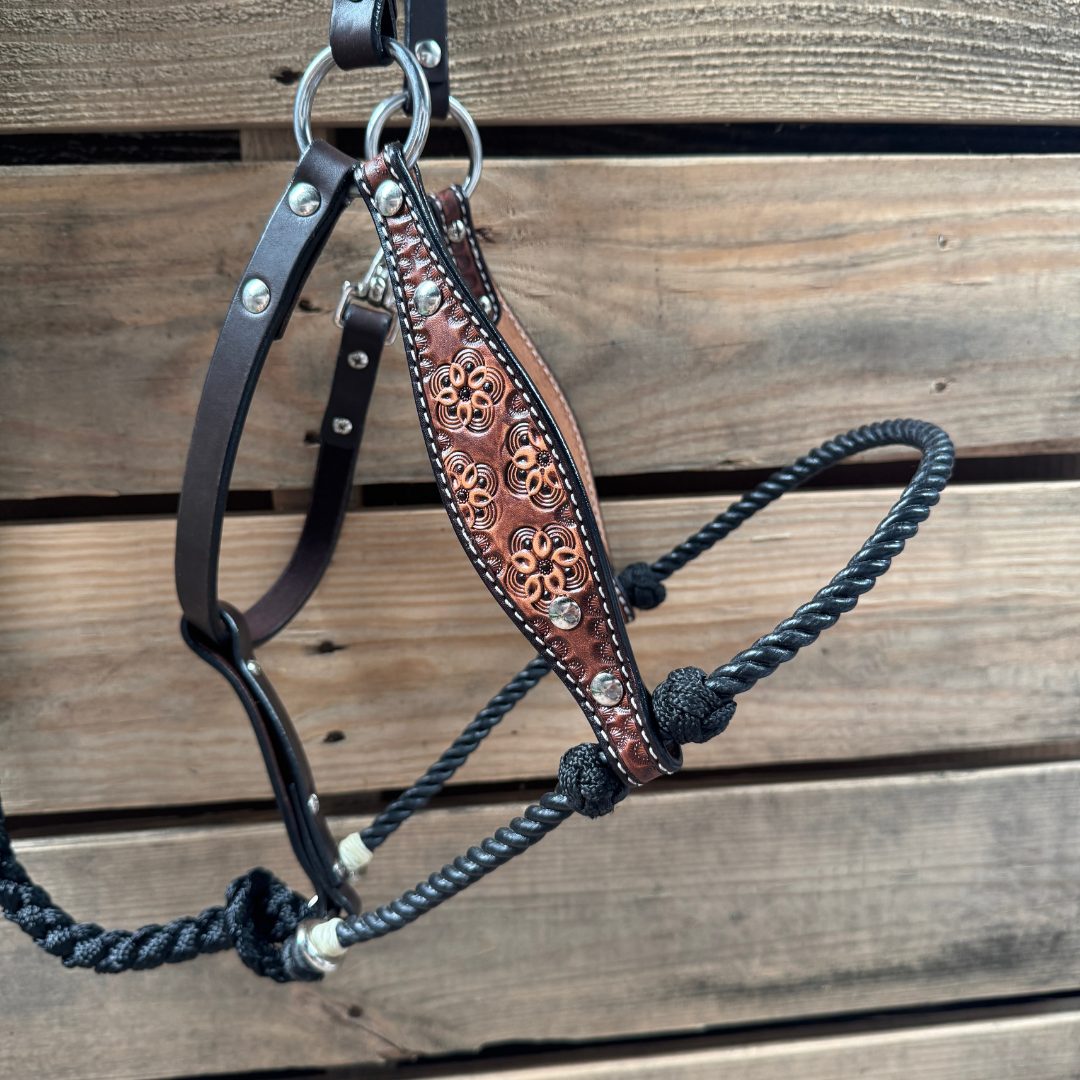 Black Flower Power Tooled Lariat &amp; Leather Combo Halter
