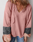 Floral Patchwork Textured Knit V-Neck Blouse