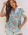 Amaris Notched Neck Puff Short Sleeve Floral Blouse