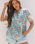 Floral Notched Neck Puff Short Sleeve Blouse