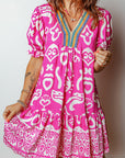 Boho Abstract Contrast Trim V-Neck Flared Dress
