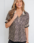 Leopard Half Zip Stripe Trim Short Sleeve Top